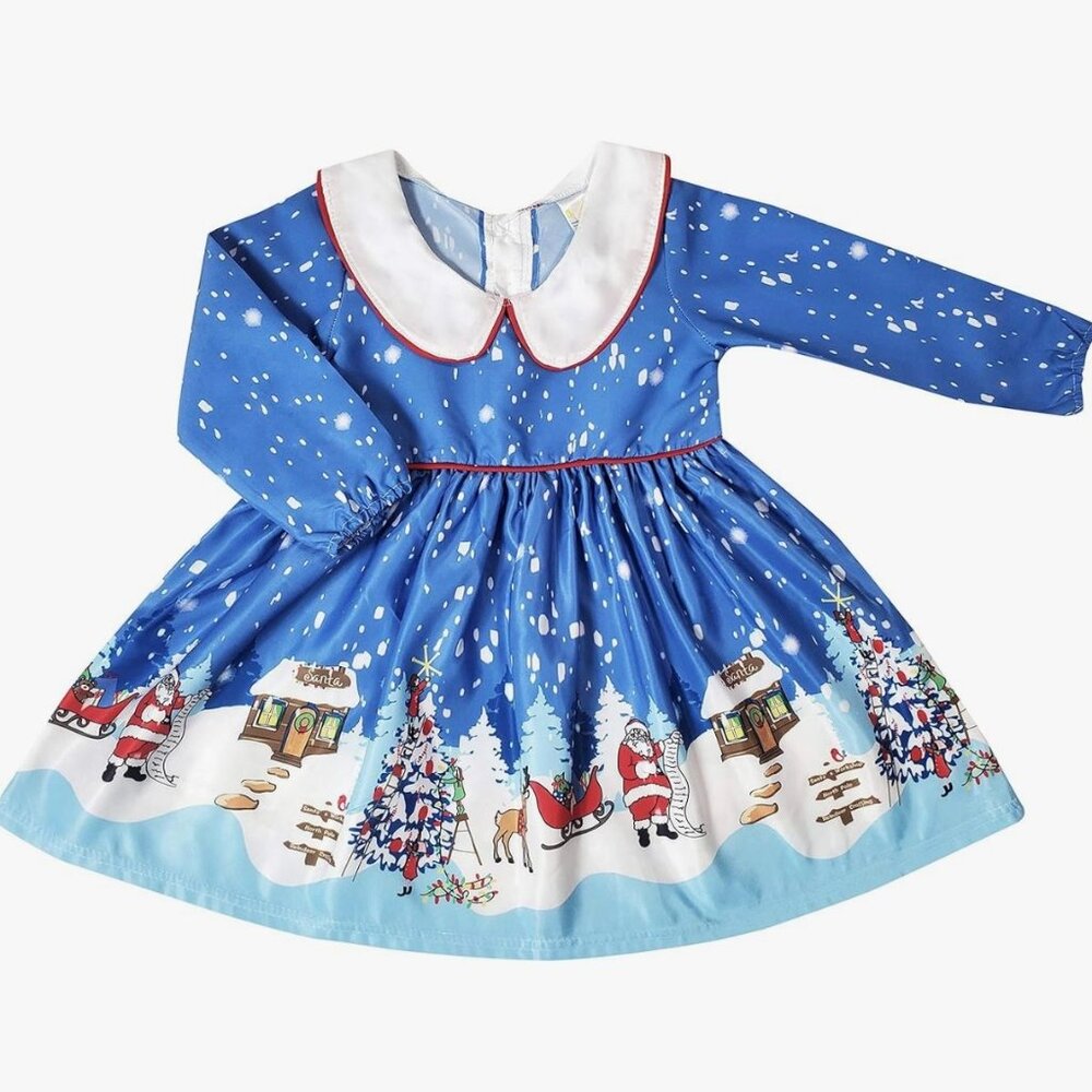 Santa workshop girl Christmas Dress  By BaaBee  Blue With Winter‎ Scene Print